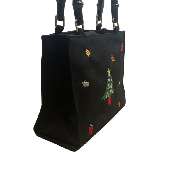 Tianni Women’s Black Christmas Embroidered Gift/Tree Bamboo Handles Handbag Sz S - Picture 2 of 9